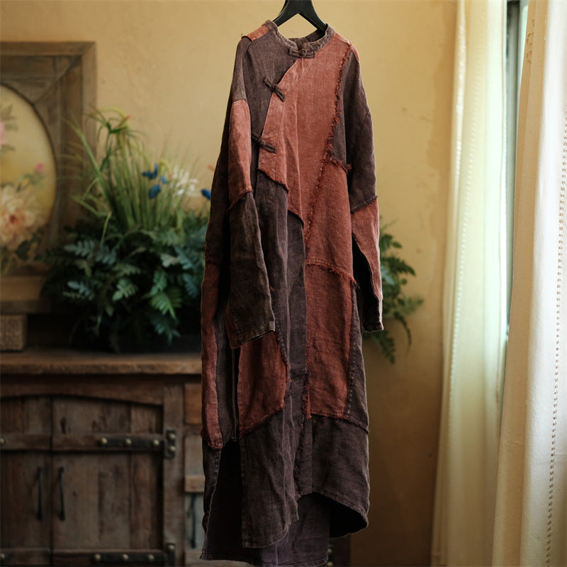 100% Linen Women Patchwork Tunic Dress, Linen Dress, linen Long Blouse women in Chinese Traditional Style 231924t