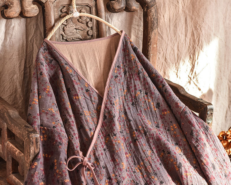 Linen Cotton Cross Collared Autumn Wrap Hanfu with Front-Tie 250905a