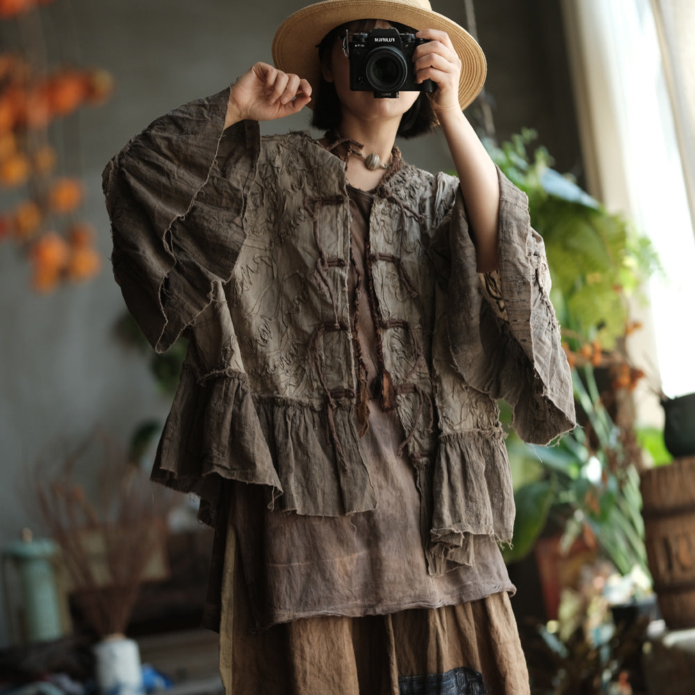 100% Cotton 3D Embroidered Ruffle Sleeve Blouse with Traditional Buttons 250402s 2365
