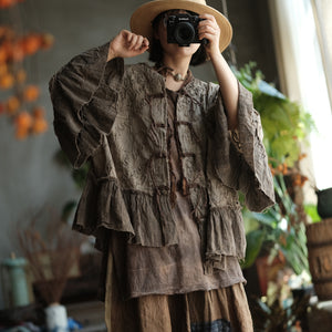 100% Cotton 3D Embroidered Ruffle Sleeve Blouse with Traditional Buttons 250402s 2365