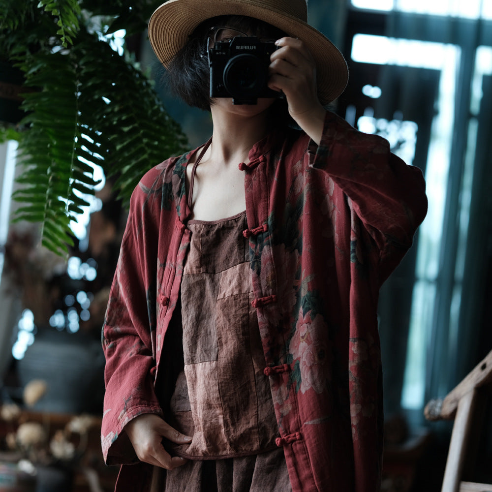 100% Cotton Chinese Women Long Blouse with Traditional Buttons and Vintage Print, linen women Shirt Jacket  250409s 2099