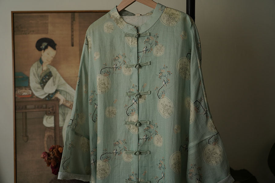 100% Ramie Linen Vintage Chinese Women Long Tunic with Chinese Traditional Buttons and Vintage Floral Print 241705s