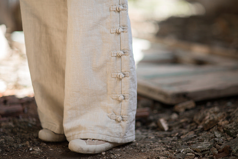 Ramie Linen Cotton Quilted Thick Pants with Pockets & Frog Buttons Design, winter women pants 251102w