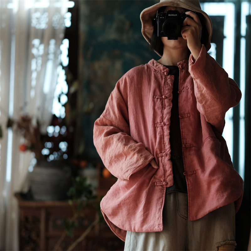 Linen Cotton Women Quilted Chinese Jacket with Pockets and Traditional Buttons 251112w 2127