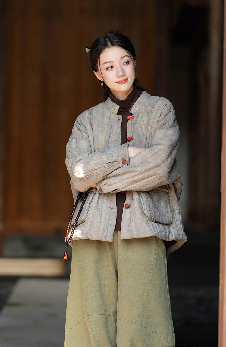 Ramie Linen Cotton Women Quilted Jacket with Pockets & Color-block Buttons in Hanfu Style, Chinese style Hanfu 251120w