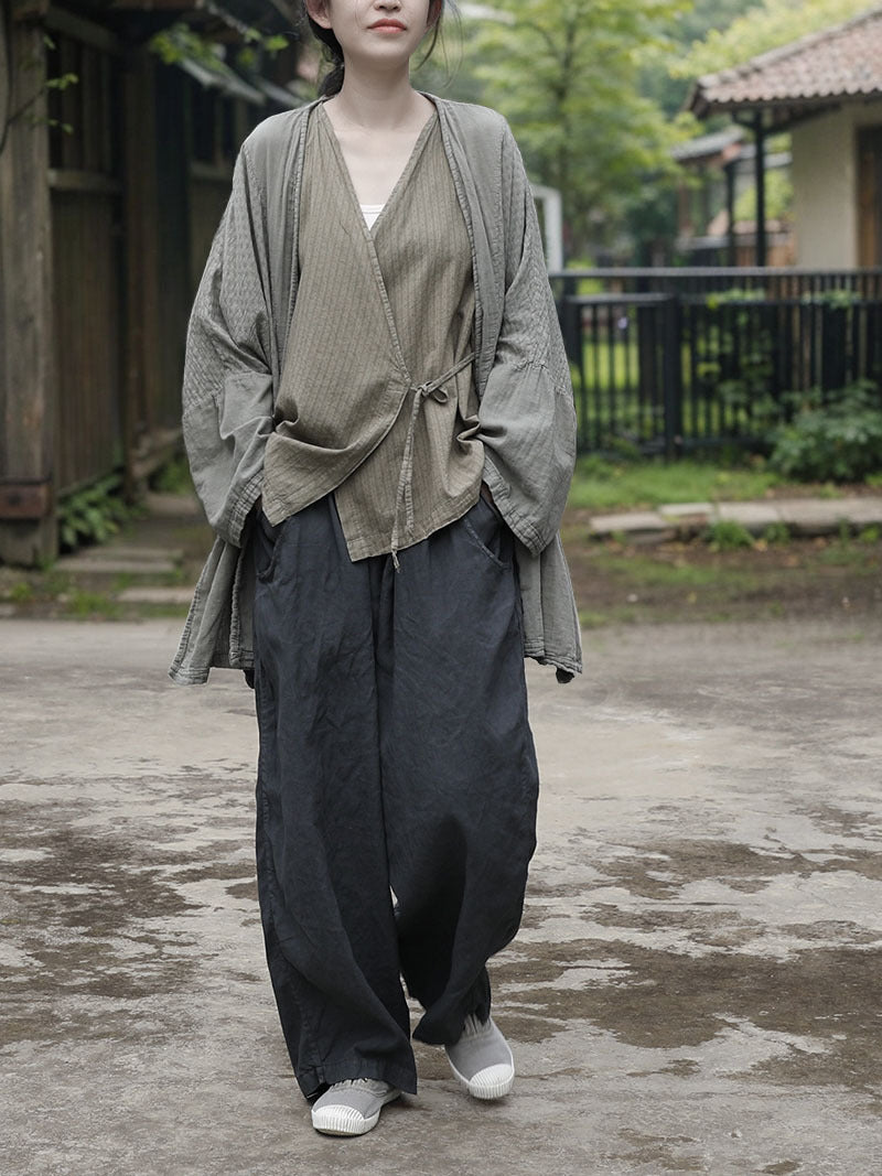 100% Cotton Wrap Cardigan Shirt with Mid-length sleeves and Tie-front Design 250407s