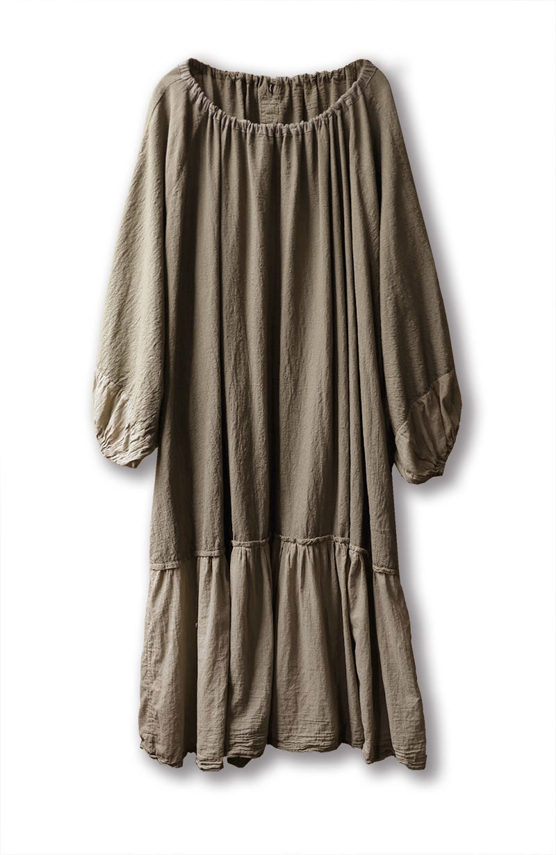 Linen Cotton Cottage Maxi Dress in Loose Form 240911a