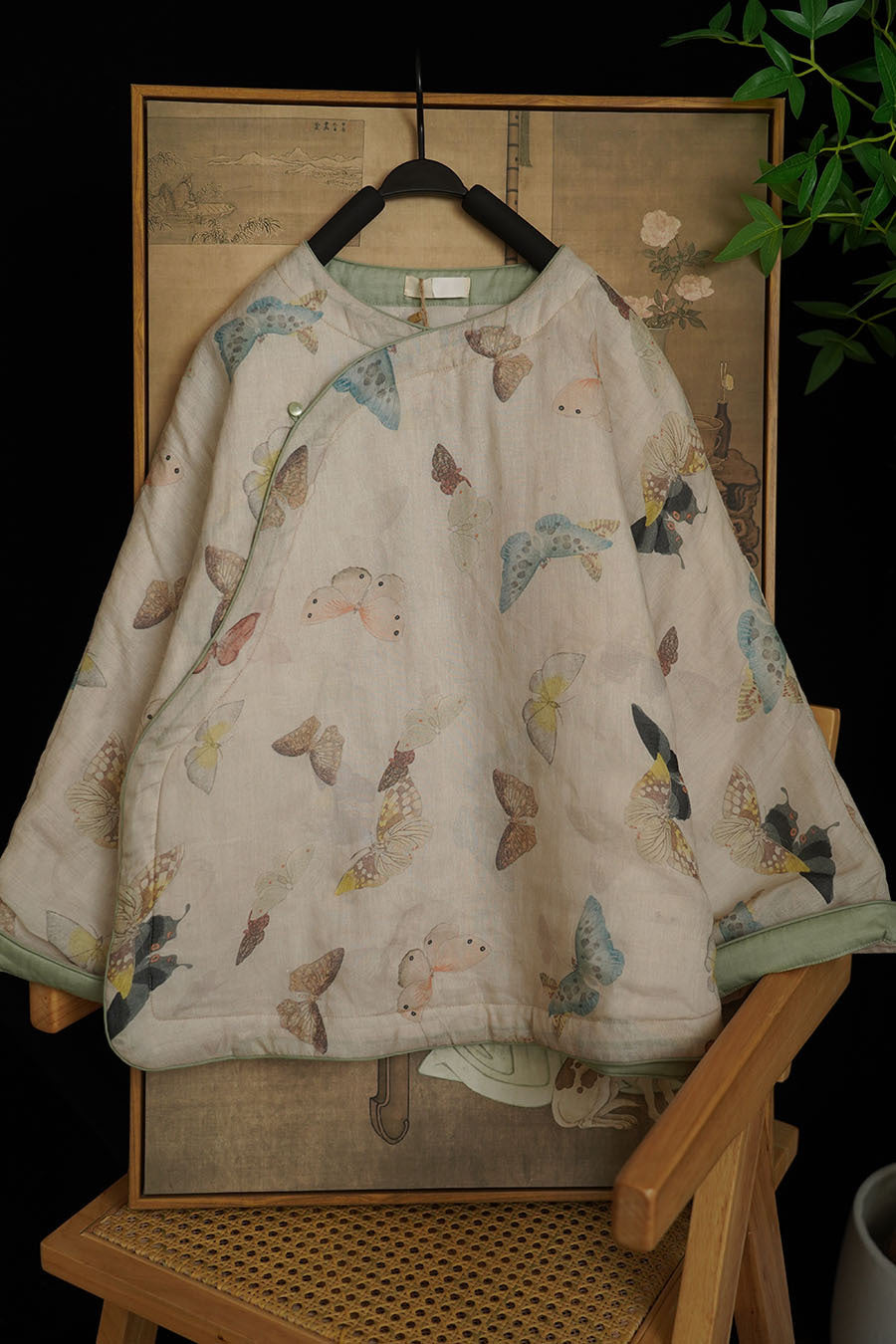 Linen Cotton Women Quilted Chinese Pullover with Vintage Butterfly Print and Traditional Chinese Buttons 251116w 162046