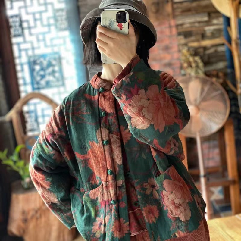 100% Cotton Winter Women Quilted Jacket with Floral Print in Hanfu Style, Chinese style Hanfu 240924a 1912
