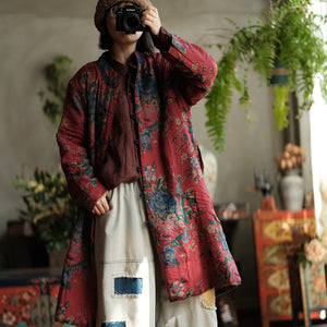 100% Cotton Women Quilted Chinese Hanfu Jacket with Vintage Print 241204w