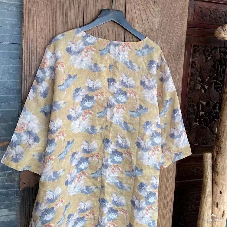 100% Linen Women Tunic Dress with Floral Print and Vintage Collar, linen Long Blouse women 240724s