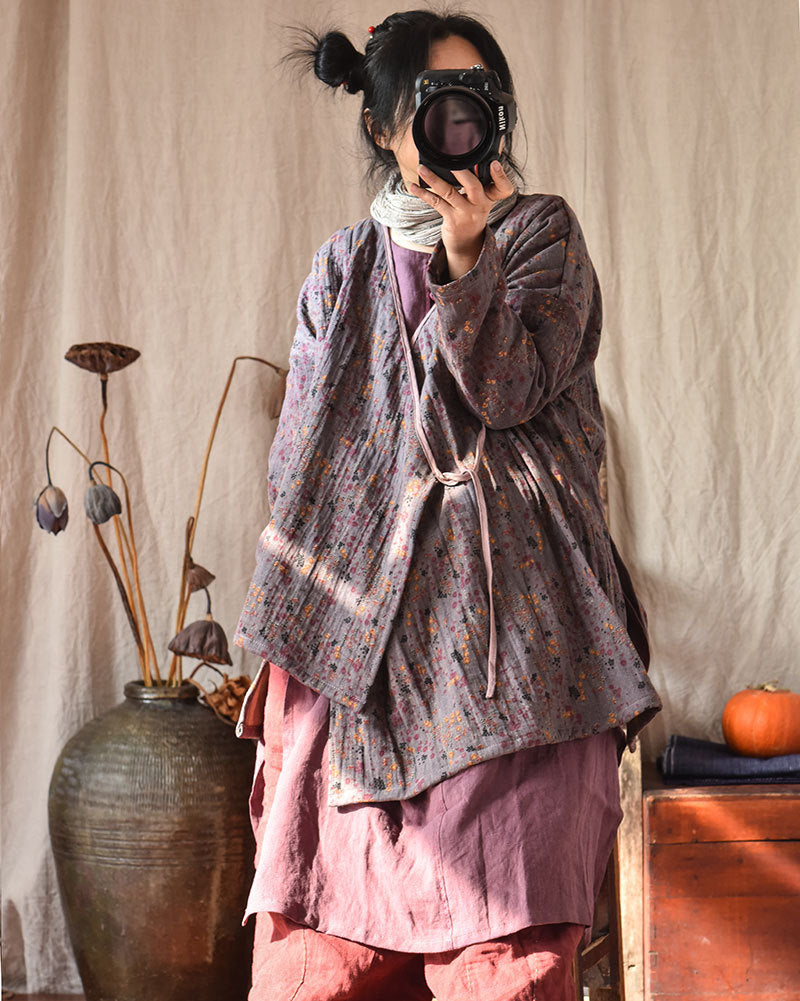 Linen Cotton Cross Collared Autumn Wrap Hanfu with Front-Tie 250905a