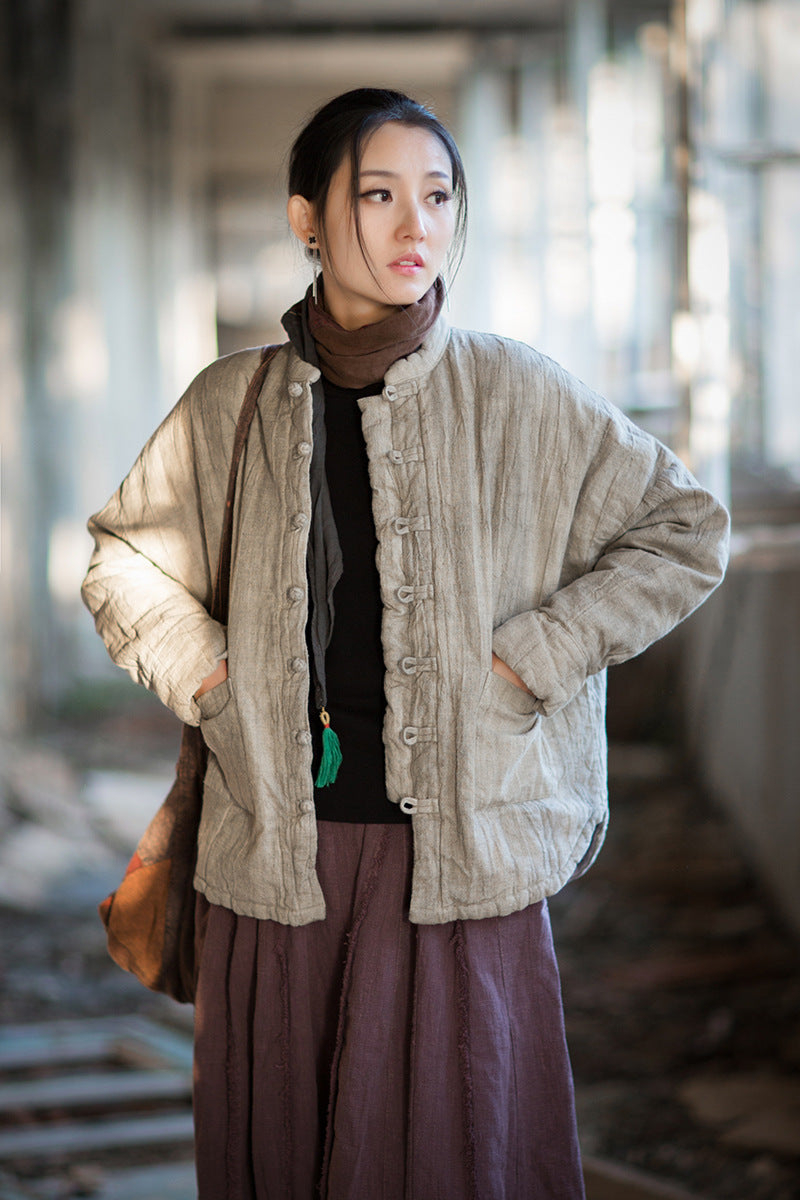 Ramie Linen Cotton Women Quilted Jacket with Pockets & Frog Buttons in Hanfu Style, Chinese style Hanfu 251109w