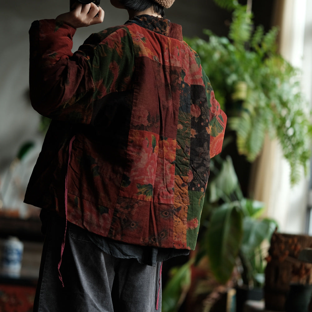 100% Cotton Women Quilted Chinese Jacket in Hanfu Style with Vintage Print 241213w