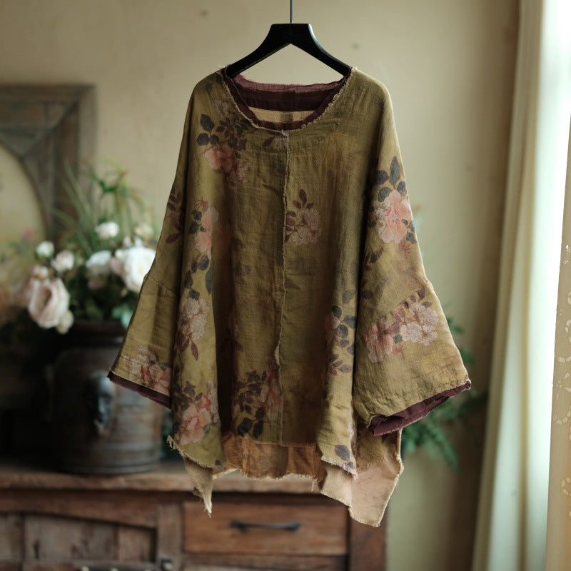 100% High Quality Cotton Women Blouse with Vintage Pattern and Raw Edge 231054g