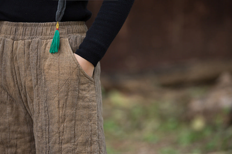 Ramie Linen Cotton Quilted Thick Pants with Pockets, winter women padded pants  251106w