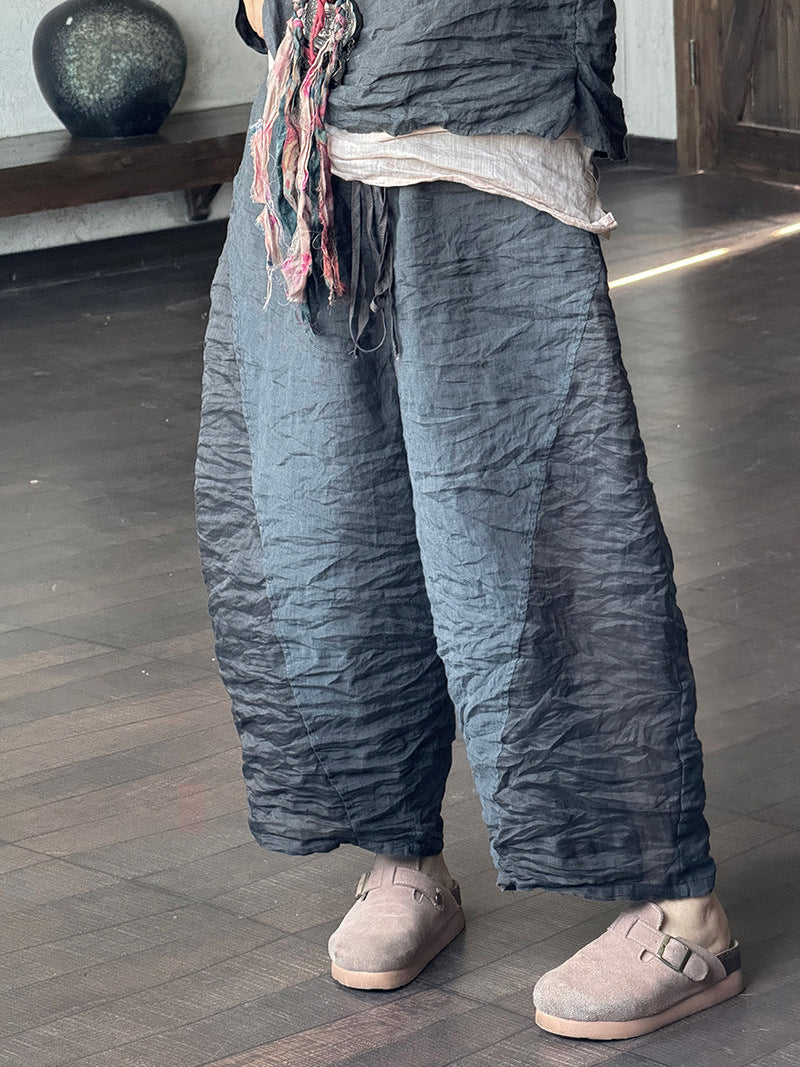 100% Linen Color-blocked Cropped Women Pants with Pockets 250802s 4347