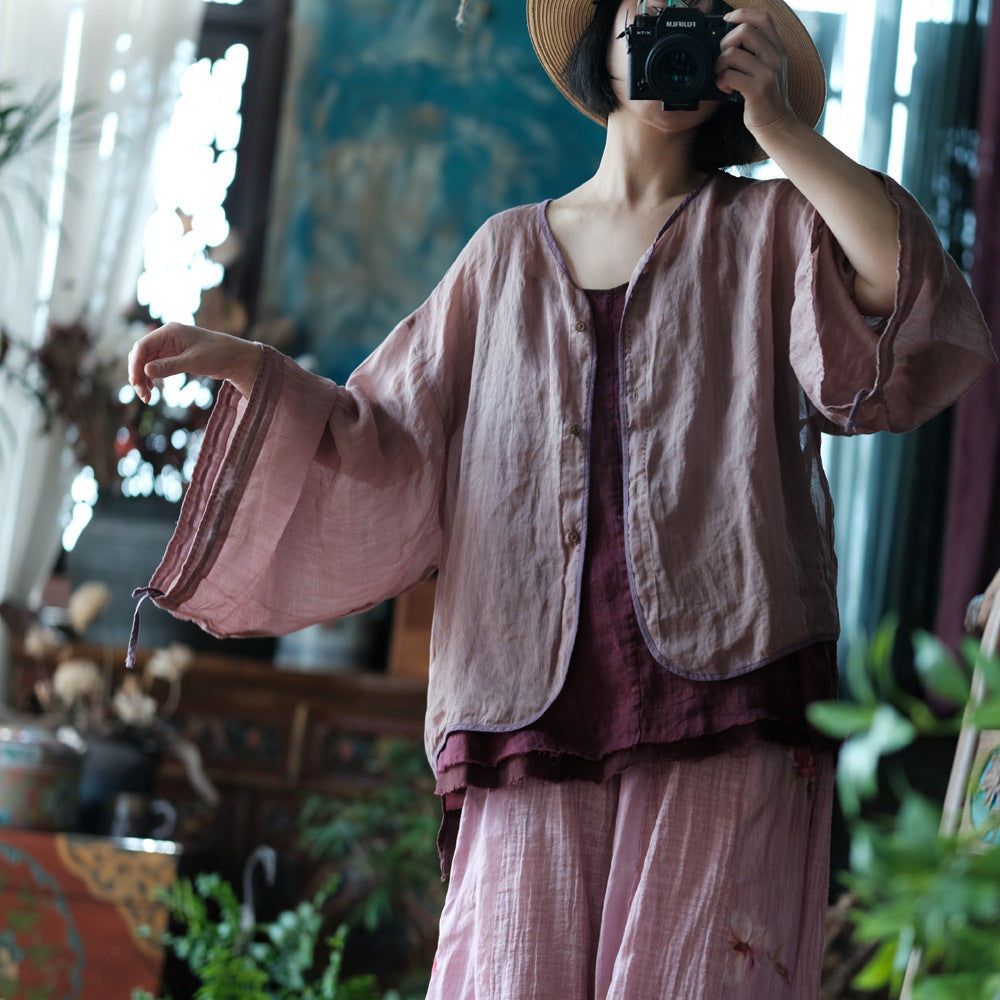 100% Linen  Women Shirt with Chinese Traditional Sleeves, linen women Shirt Jacket 250408s 1994