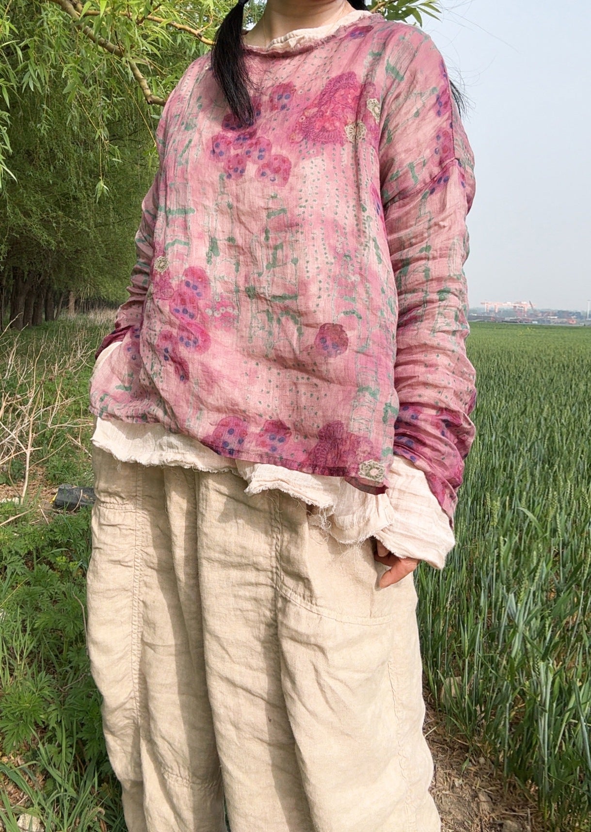 100% Ramie Linen  Women Pullover with Floral Print and Round Neck 250713s