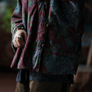 100 Percent Linen Cotton Women Quilted Chinese Jacket with Traditional Buttons and Vintage Print 240809s