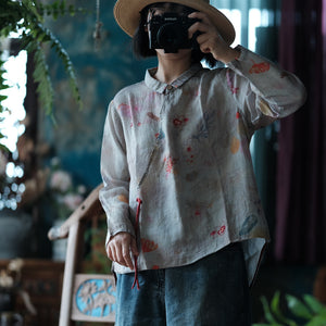 100% Linen Women Jacket with Floral Print, women linen shirt blouse 240007s