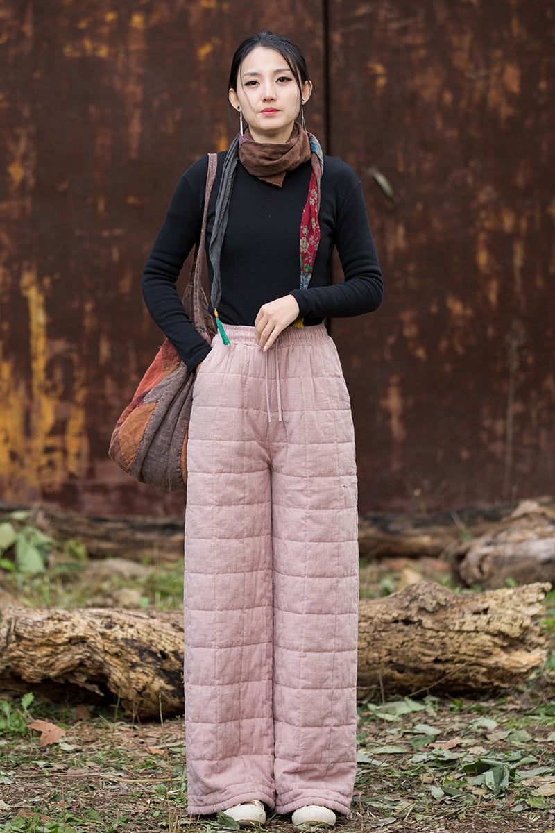 Ramie Linen Cotton Quilted Thick Pants with Pockets & Front Ties, winter women pants 251105w