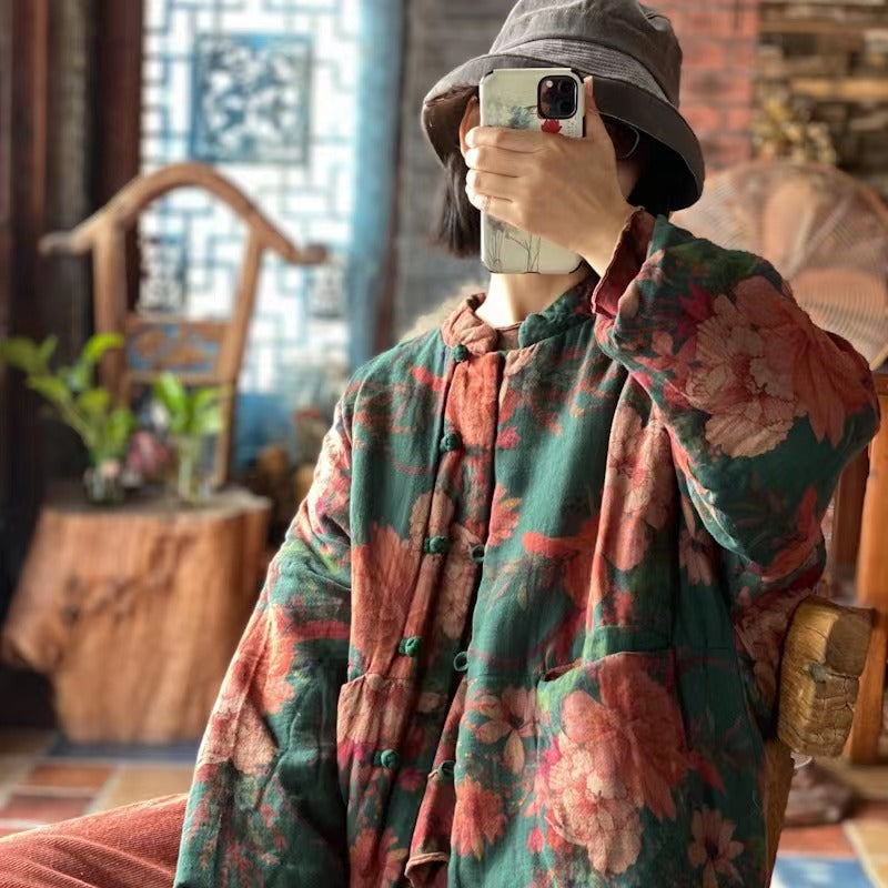100% Cotton Winter Women Quilted Jacket with Floral Print in Hanfu Style, Chinese style Hanfu 240924a 1912