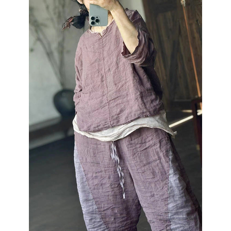 100% Linen Color-blocked Cropped Women Pants with Pockets 250802s 4347