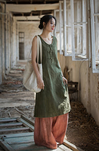 Linen Cotton Qipao Cheongsam Dress with Pockets,  women overall in Chinese style, women linen dress 240609s