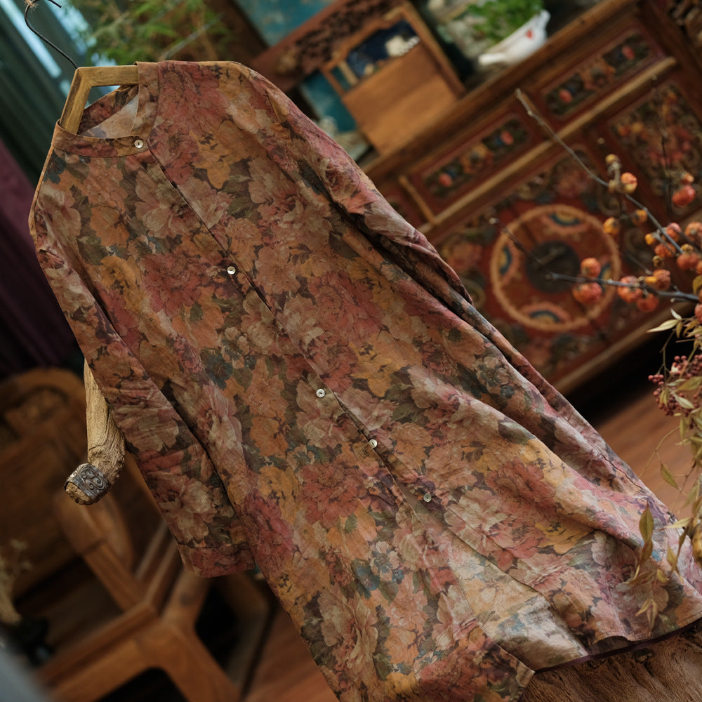 100% Linen Women Long Blouse with Floral Print and Long Sleeves, Linen women blouse 250611s 2041