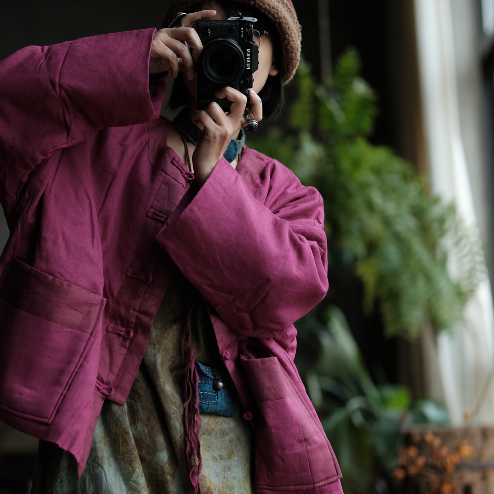 Linen Cotton Women Quilted Chinese Jacket with Pockets 230505w