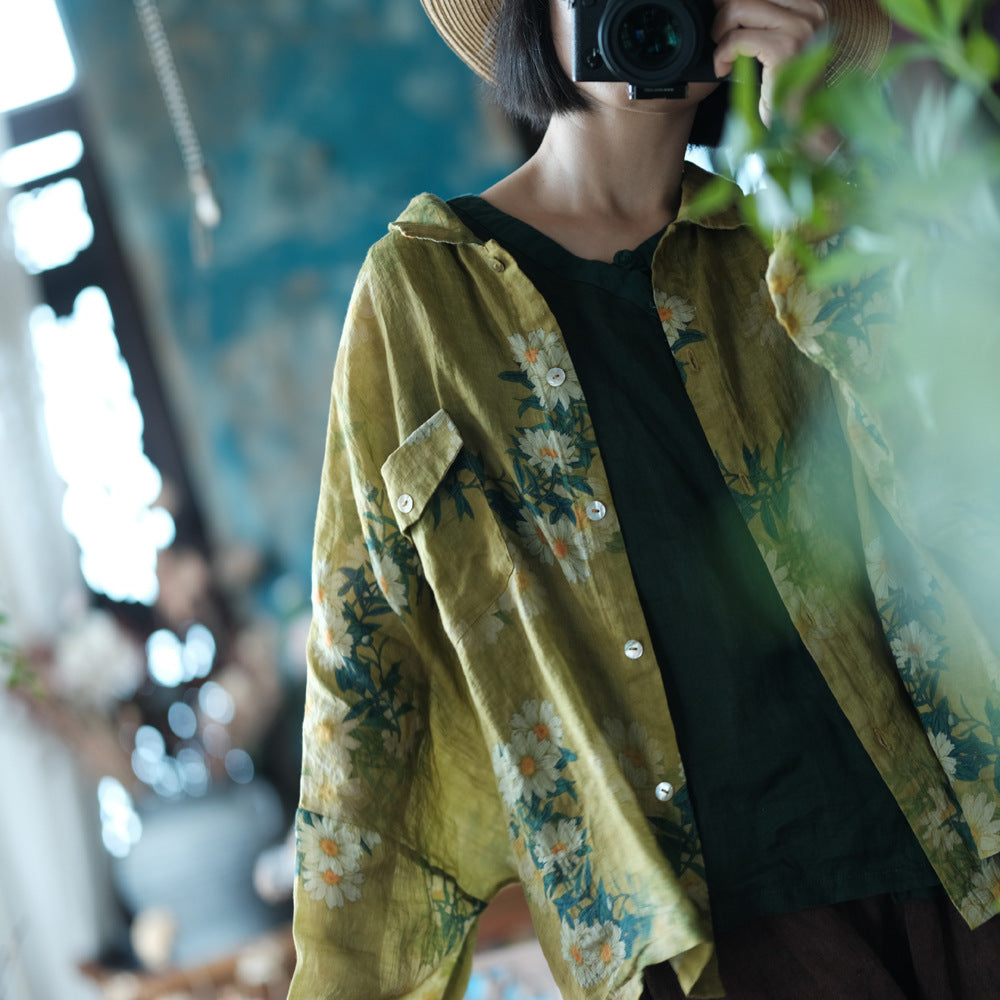 100% Linen Vintage Chinese Women Jacket with Pocket and Floral Print, linen women Shirt Jacket 240005s
