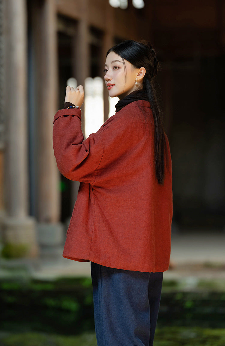 Ramie Linen Cotton Women Quilted Jacket with Pockets & Color-block Buttons in Hanfu Style, Chinese style Hanfu  251123w