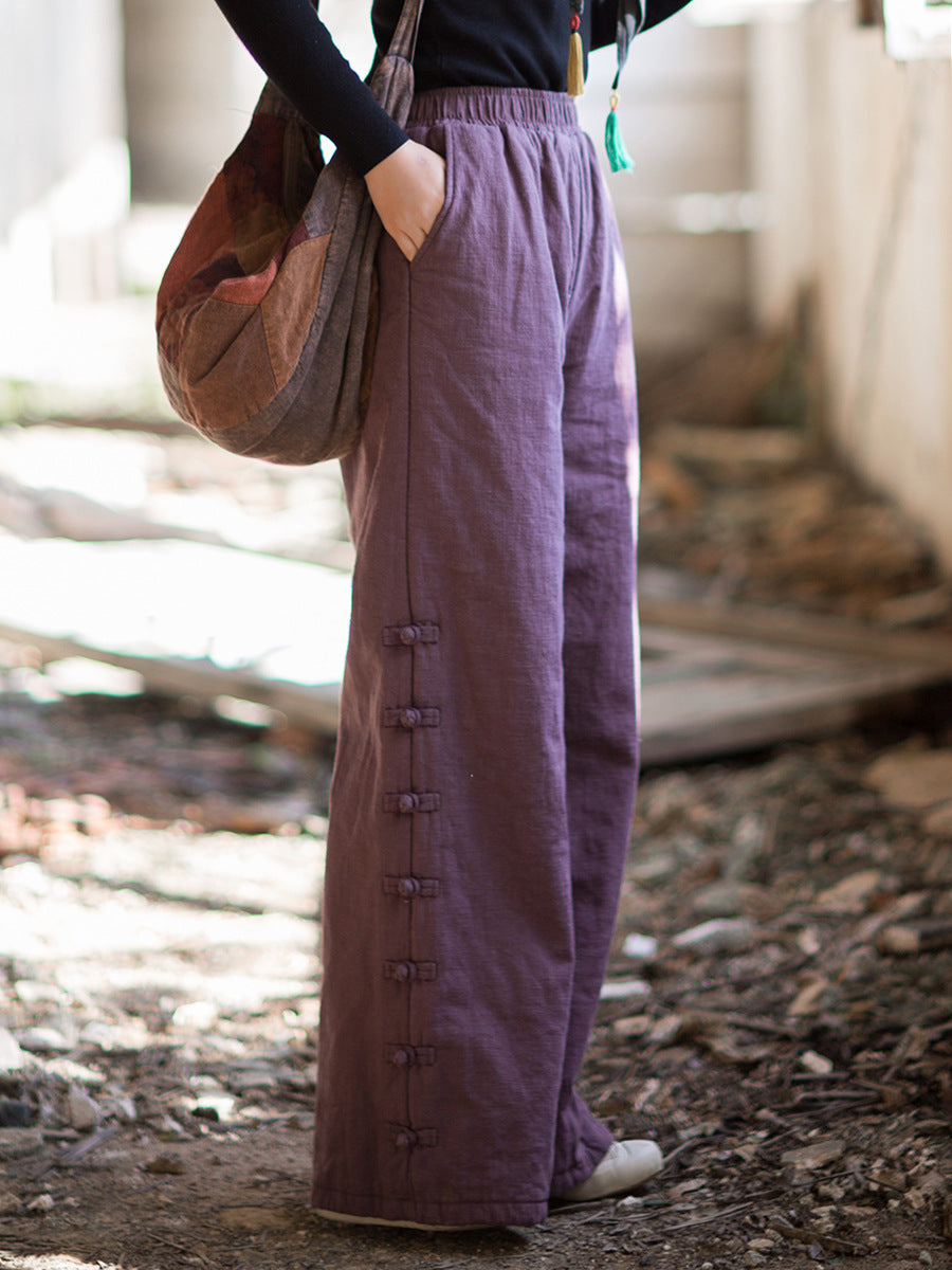 Ramie Linen Cotton Quilted Thick Pants with Pockets & Frog Buttons Design, winter women pants 251102w