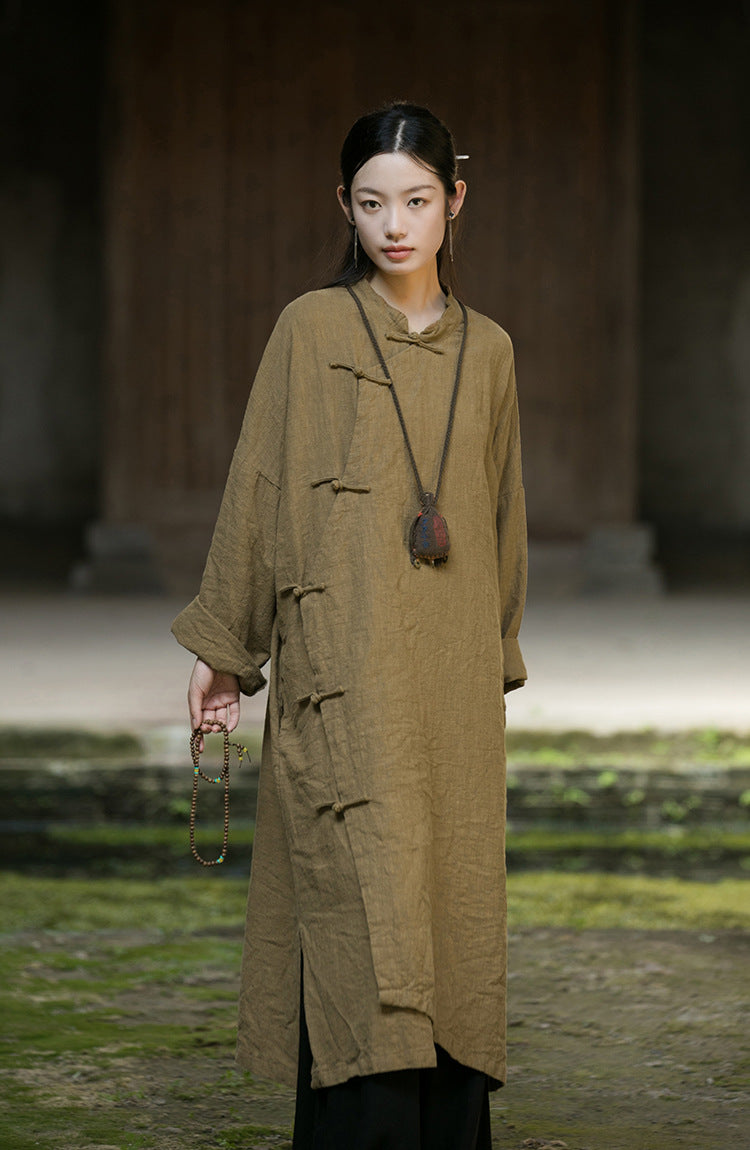 Linen Cotton Women Long Blouse with Pockets and Handwoven Buckle Button, chinese style women blouse linen, Taichi jacket, Tang suit 241003w