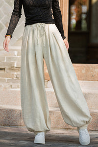 Linen Cotton Culotte Women with Strings, Wide Leg Pants Linen, Flare Trouser Women, Linen Homewear 241004w