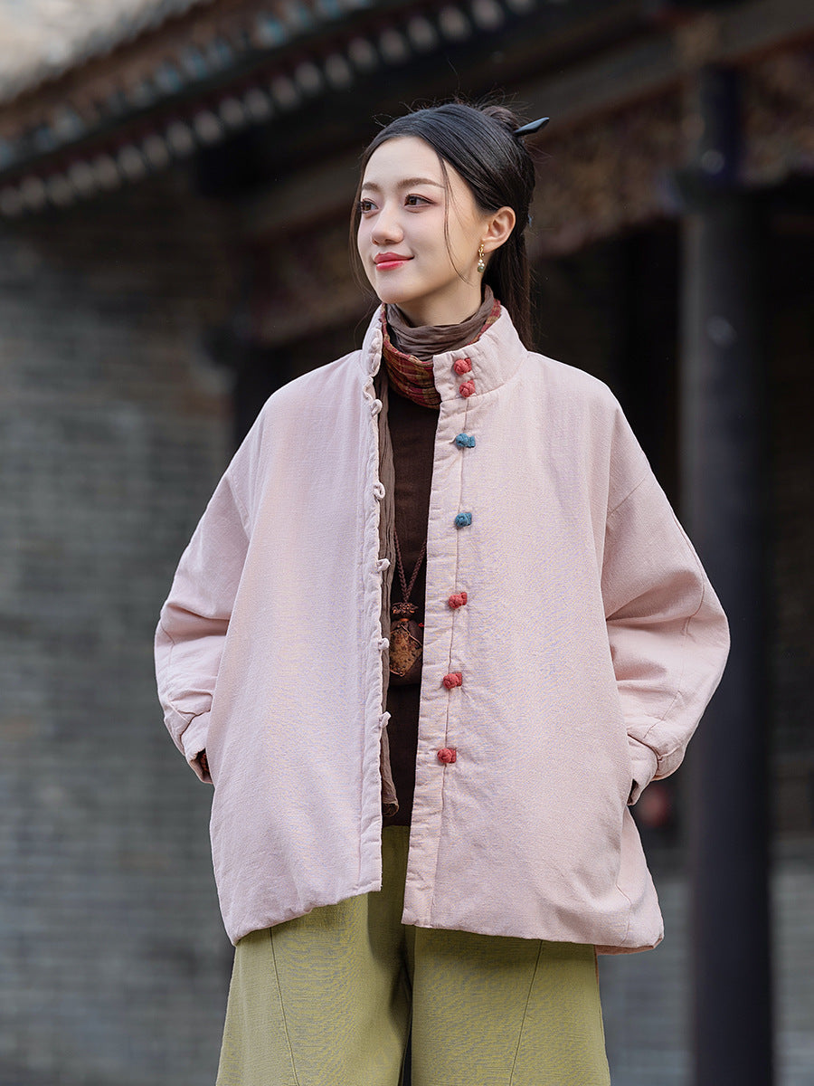 Ramie Linen Cotton Women Quilted Jacket with Pockets & Color-block Buttons in Hanfu Style, Chinese style Hanfu 251121w
