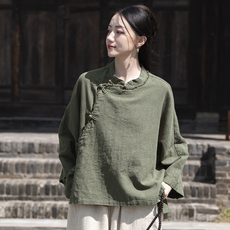 Ramie Linen Women Hanfu Shirt with Chinese Traditional Buttons and Raw Hem 250813s