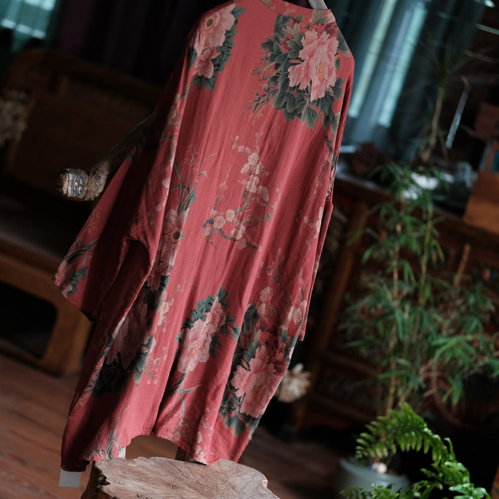 100% Cotton Chinese Women Long Blouse with Traditional Buttons and Vintage Print, linen women Shirt Jacket  250409s 2099