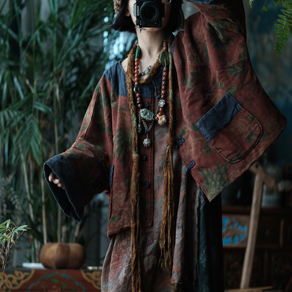 Double Layered Linen Cotton Women Autumn Jacket with Pockets & Floral Print 251005w 2118