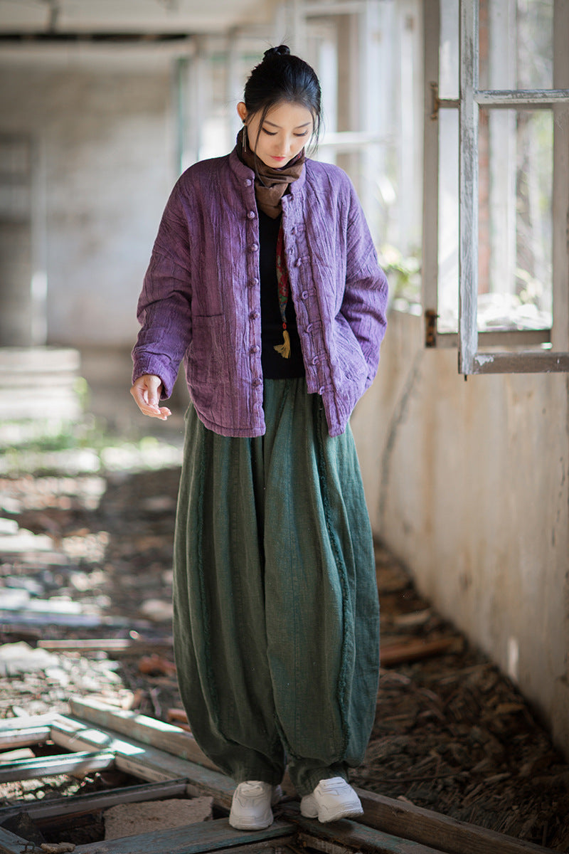 Ramie Linen Cotton Women Quilted Jacket with Pockets & Frog Buttons in Hanfu Style, Chinese style Hanfu 251109w