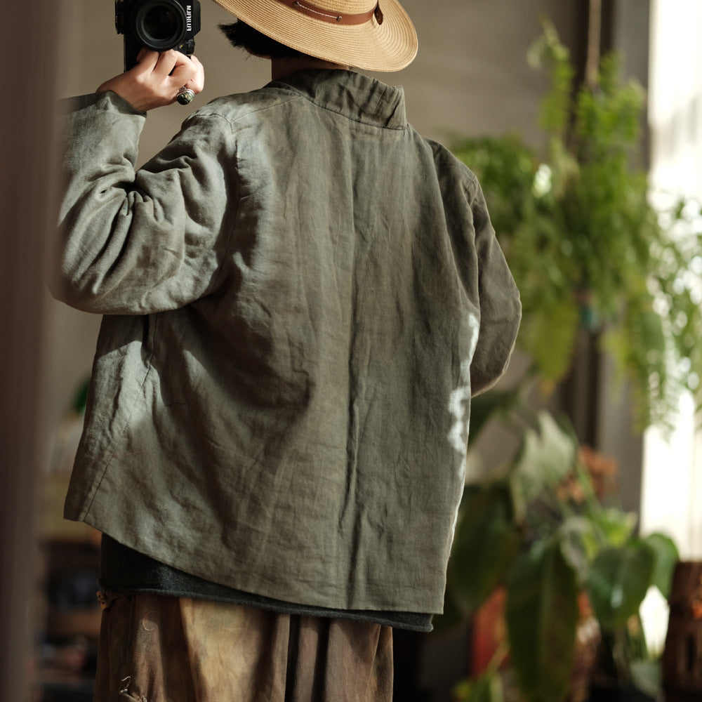 100% Linen Women Quilted Jacket with Front Tie in Hanfu Style, Chinese style Hanfu 250908a