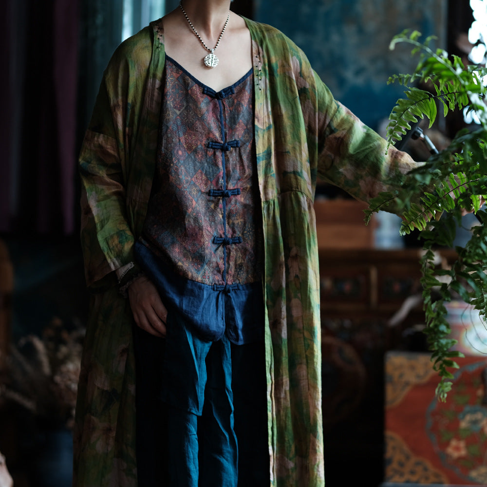 100% Linen Chinese Women Blouse with Vintage Print, linen women open Shirt Jacket 250410s 2193
