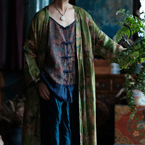 100% Linen Chinese Women Blouse with Vintage Print, linen women open Shirt Jacket 250410s 2193