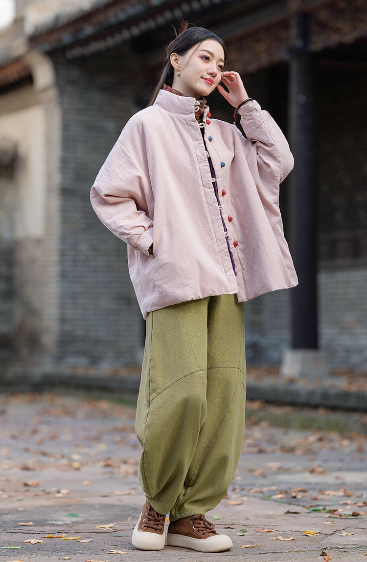 Ramie Linen Cotton Women Quilted Jacket with Pockets & Color-block Buttons in Hanfu Style, Chinese style Hanfu 251121w