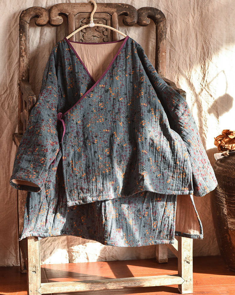 Linen Cotton Cross Collared Autumn Wrap Hanfu with Front-Tie 250905a