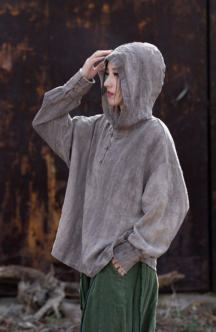 Linen Cotton Women Hoodie Pullover with Handwoven Buckle Buttons, chinese style women blouse linen liziqi, Taichi jacket, Tang suit 240608s