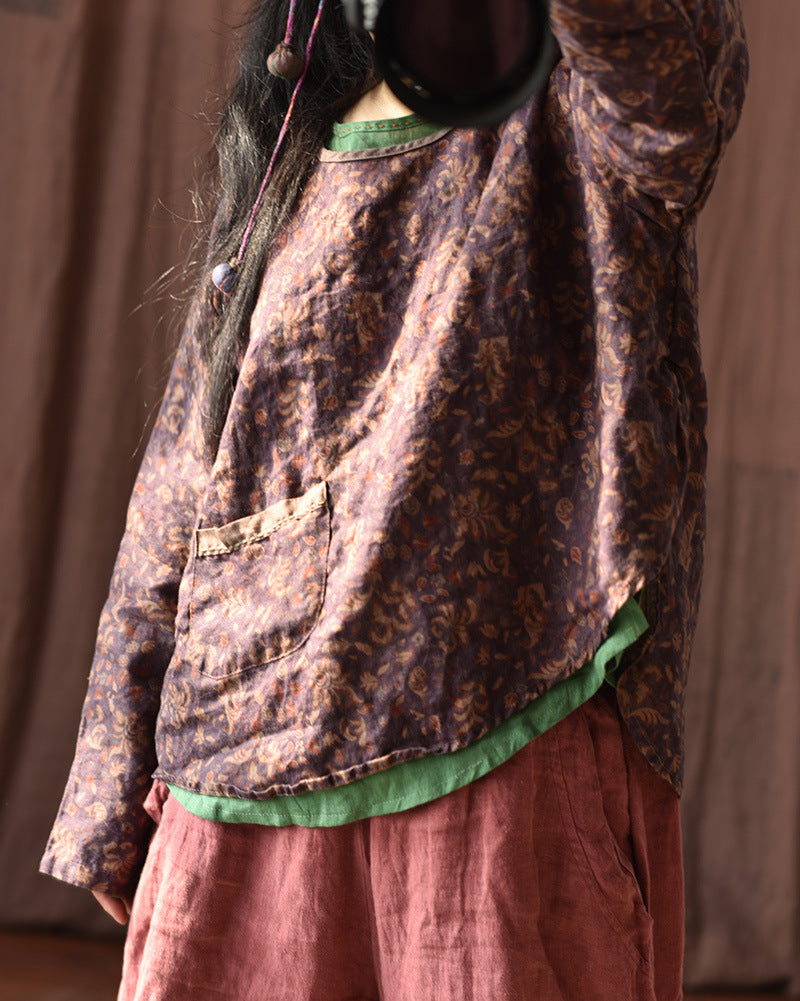 100% Linen Asymmetrical Women Shirt with High-low Hem & Vintage Print 250712s