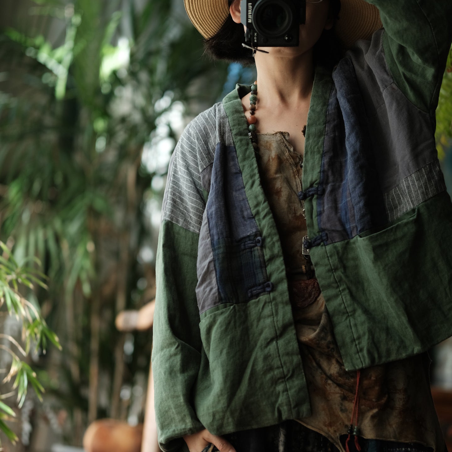 Linen Cotton Women Quilted Chinese Jacket in Patchwork Style with Traditional Buttons 251113w 1788