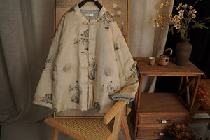 100% Linen Women Quilted Chinese Jacket with Vintage Print and Traditional Chinese Buttons 240107w